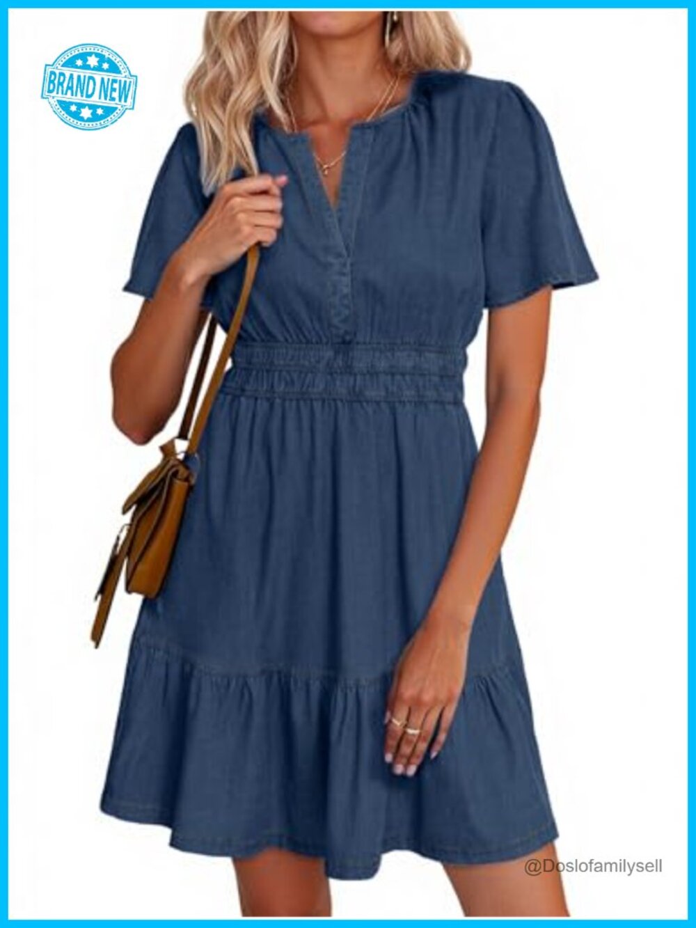 Women's Tiered Mini Denim Dress Short Puff Sleeve Smocked A-Line Summer Casual